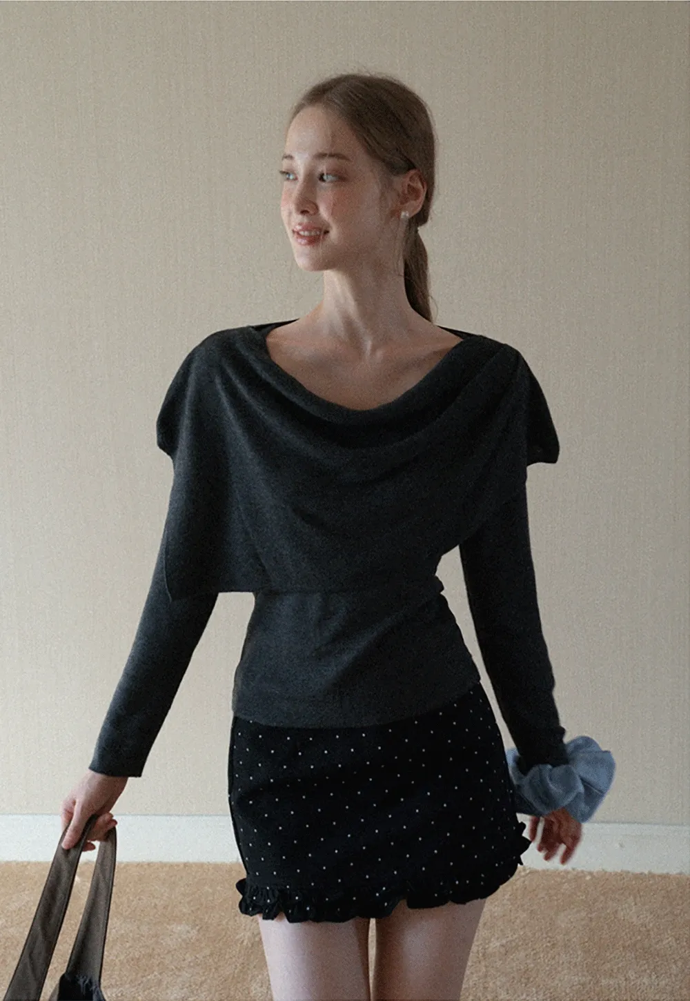 Womens Draped Cowl Neck Knit Top