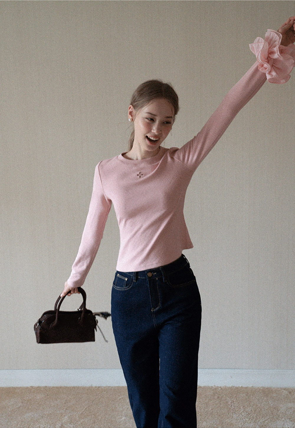 Womens Pink Fitted Long Sleeve Tee