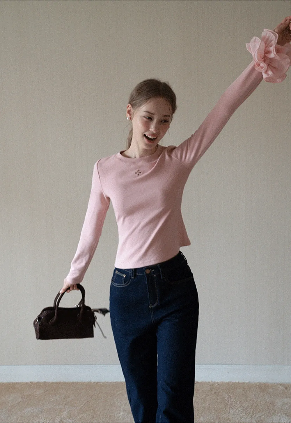 Womens Pink Fitted Long Sleeve Tee