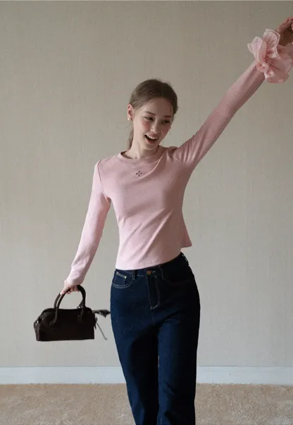 Womens Pink Fitted Long Sleeve Tee