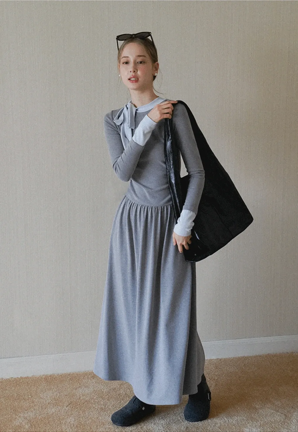elegant grey long sleeve casual a-line dress