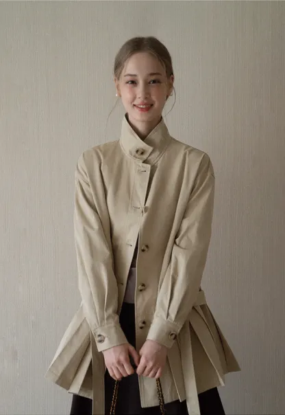 Womens Khaki High Neck Pleated Hem Trench Coat