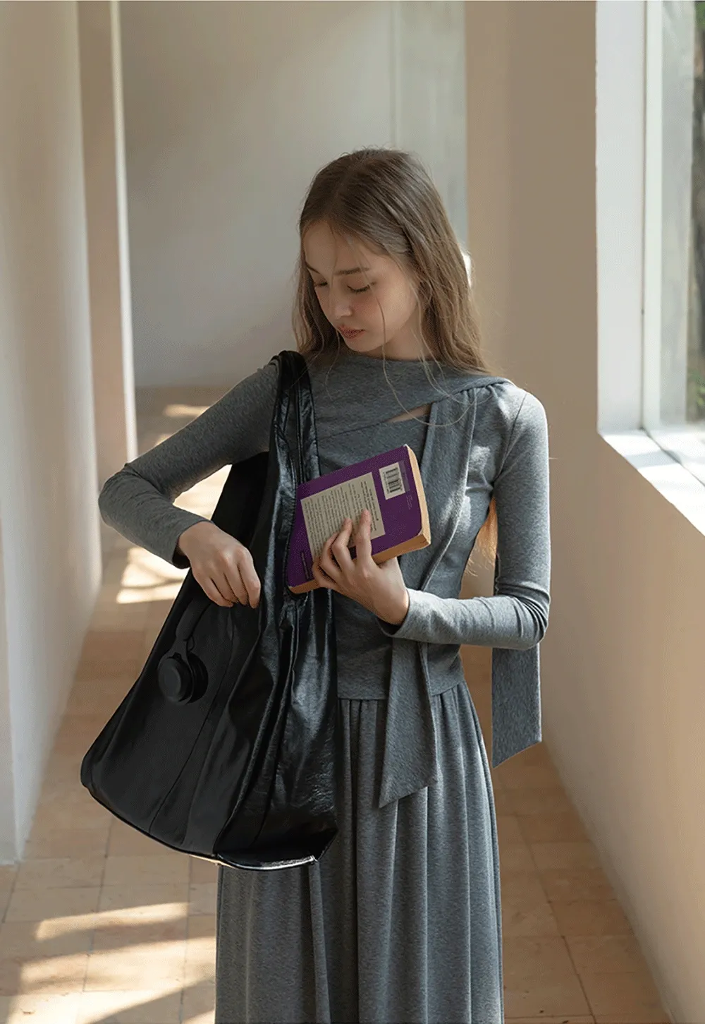 Relaxed Grey 2 Piece Outfit Long Sleeve Tee and Skirt