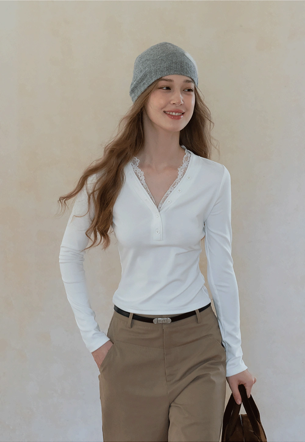 Womens White Lace Trim V Neck Long Sleeve Henley Top