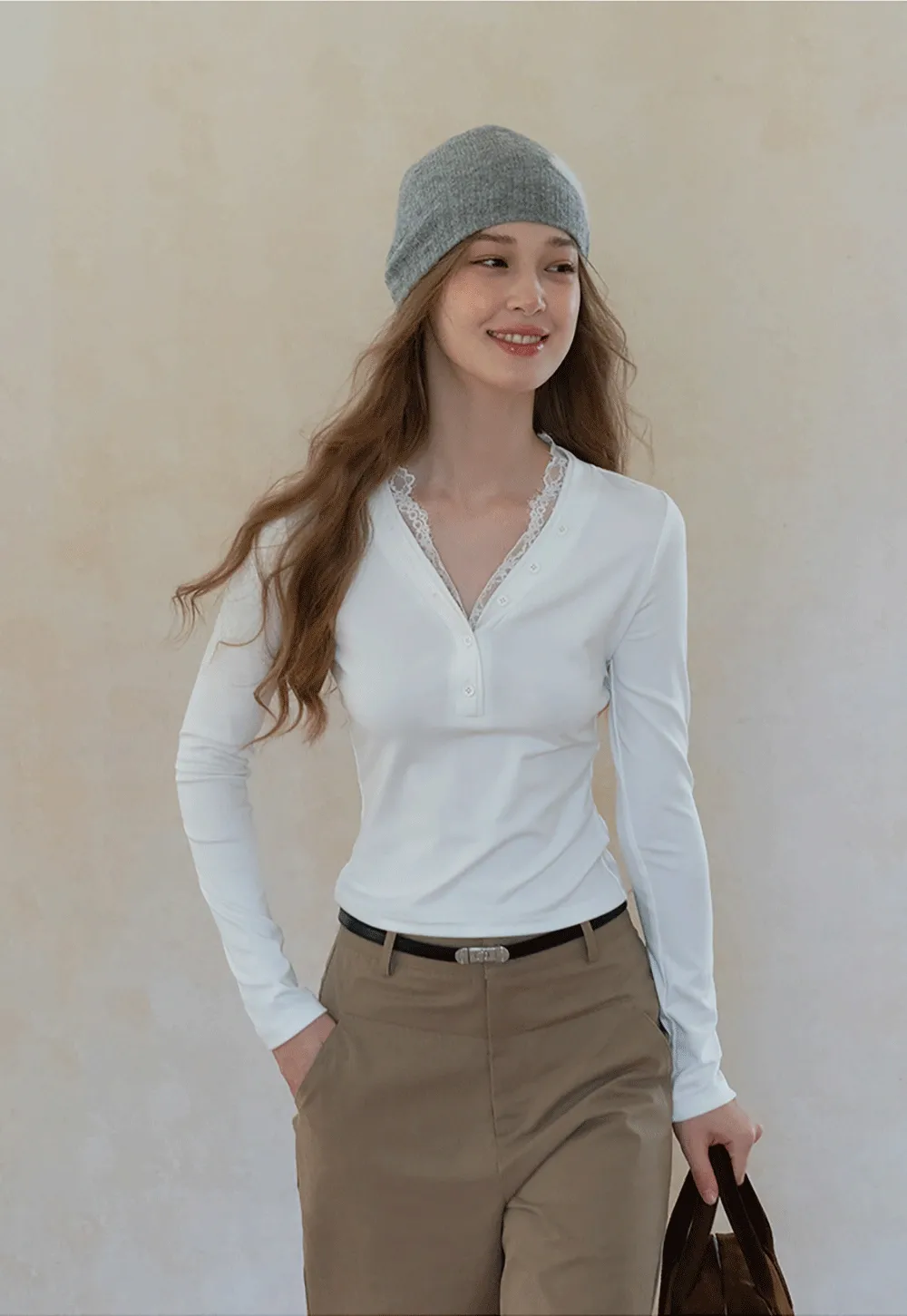 Womens White Lace Trim V Neck Long Sleeve Henley Top