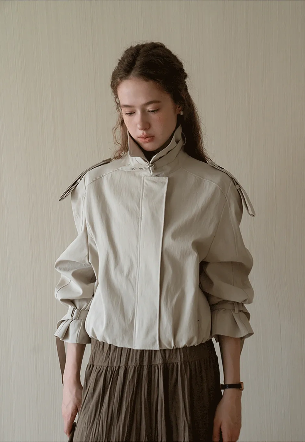 Womens Short Trench Coat Jacket with Belted Cuffs and Epaulets