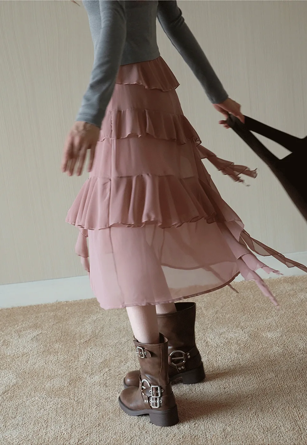 Womens Ruffle Layered Chiffon Midi Skirt