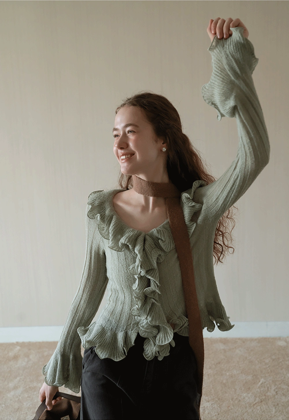 Womens Ruffle Hem Flared Sleeve Knit Top