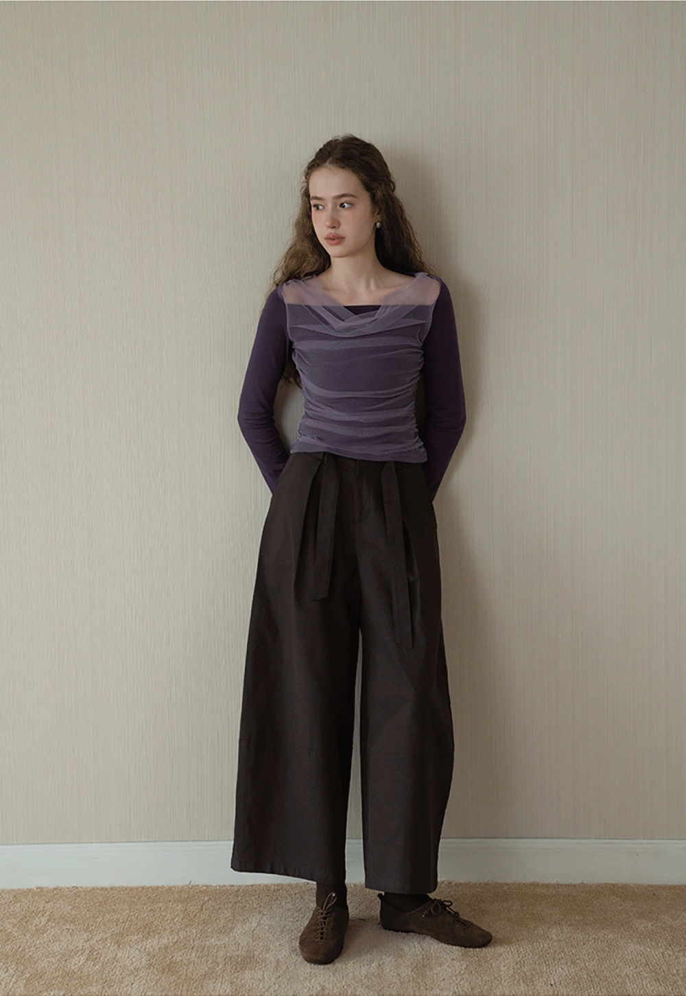 Women Mesh Patchwork Cowl Neck Top