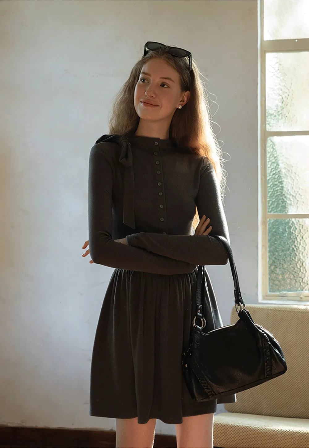 Long Sleeve Bow Tie Mini Dress