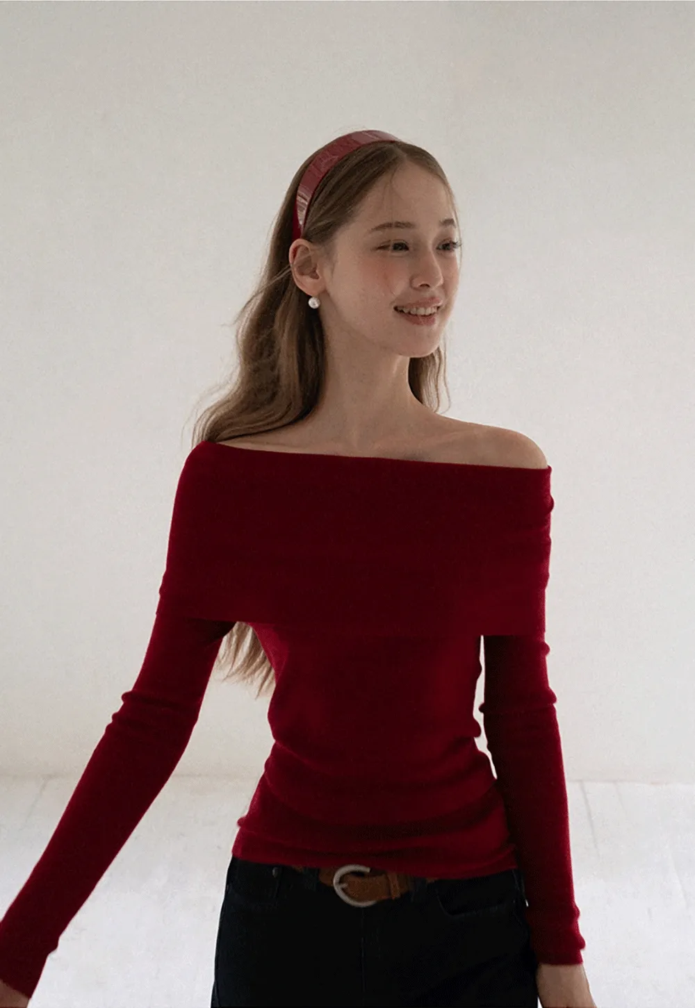 Women Off Shoulder Long Sleeve Knit Sweater Top Slim Fit