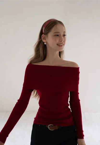 Women Off Shoulder Long Sleeve Knit Sweater Top Slim Fit