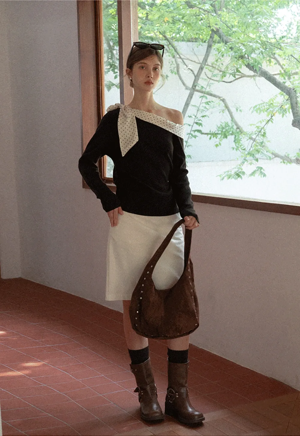 Womens Polka Dot Scarf Neck Long Sleeve Top