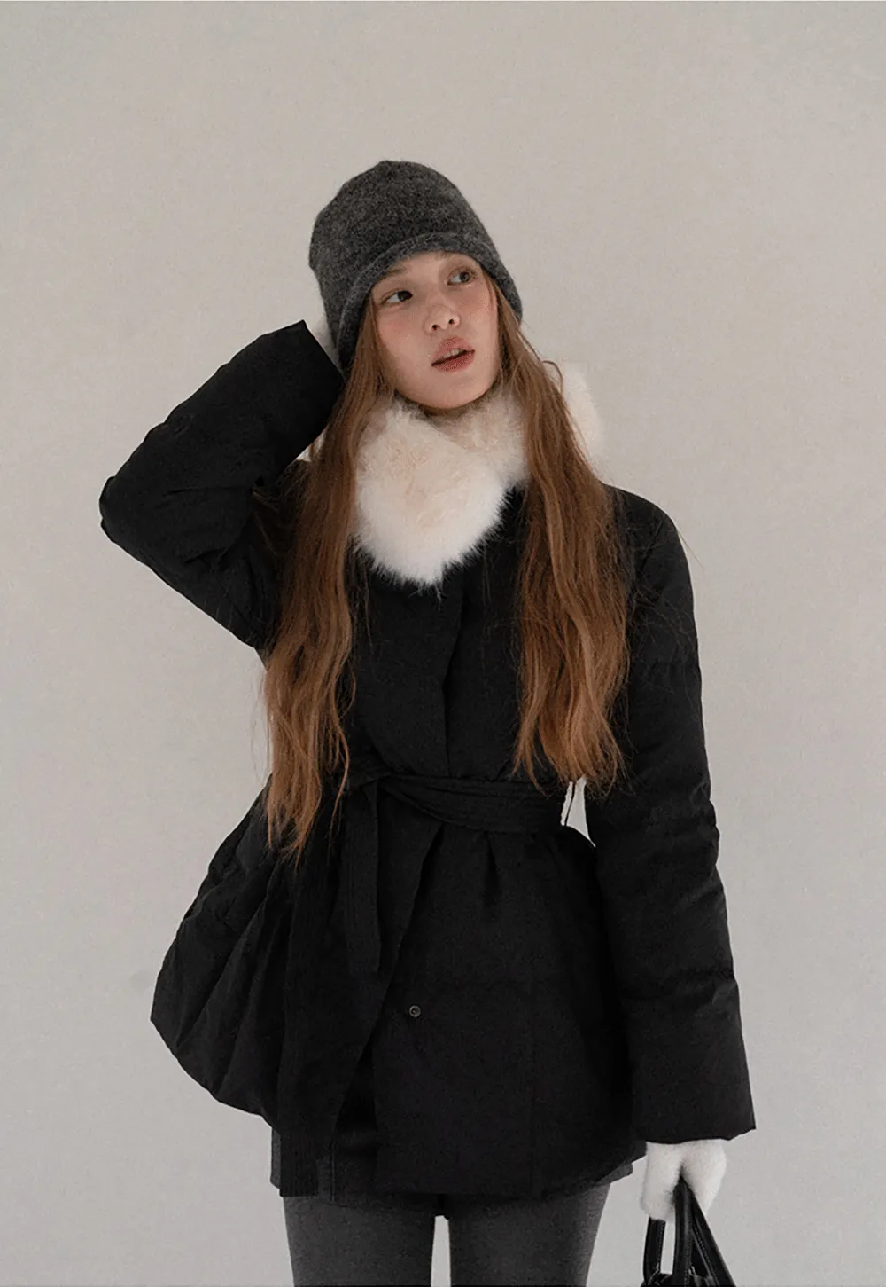 Belted Down Coat with Faux Fur Collar