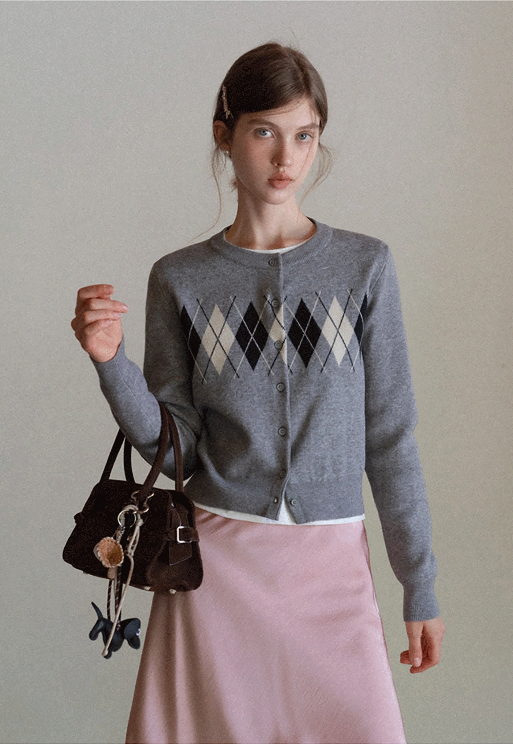 Women Vintage Argyle Pattern Knit Cardigan