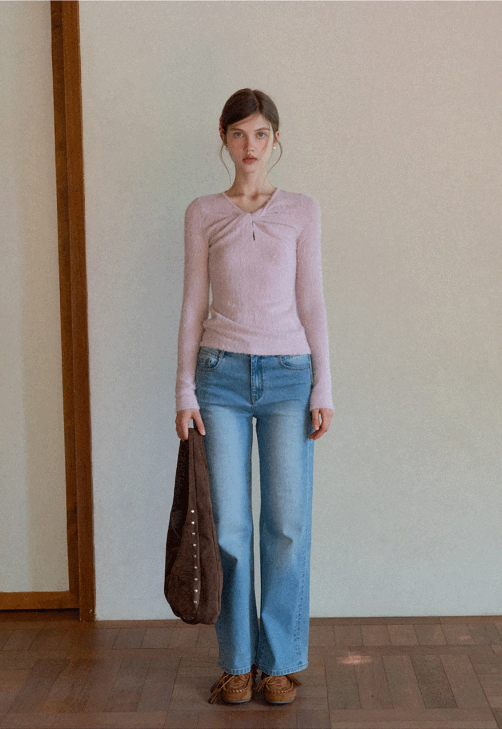 Women Soft Fluffy Knit Top Twist Front Long Sleeve