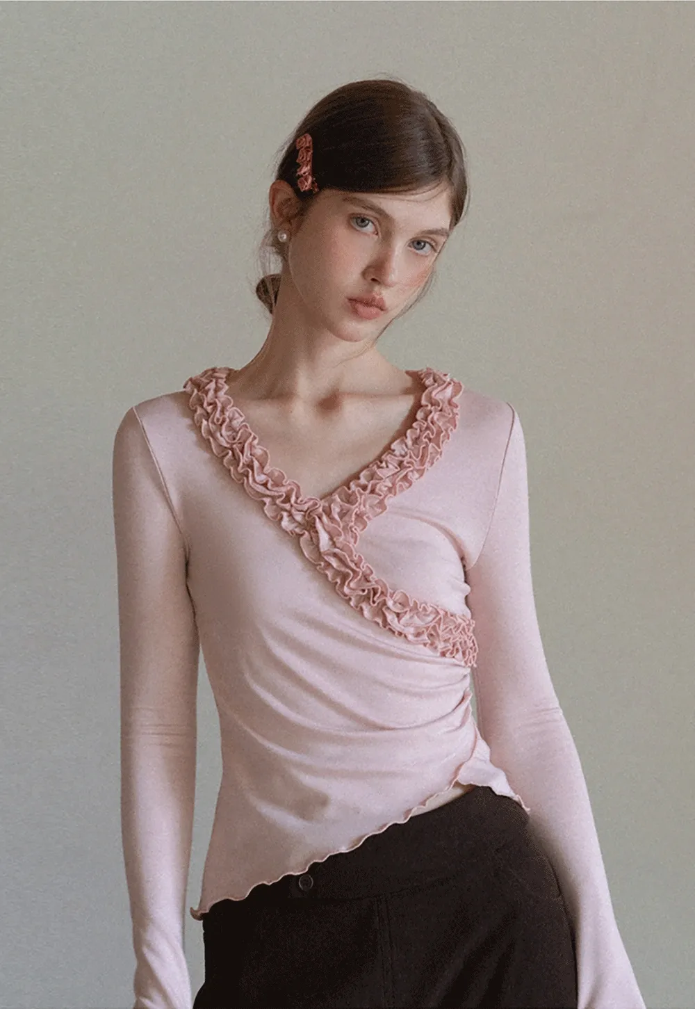 Ruffled V Neck Slim Fit Long Sleeve Tee