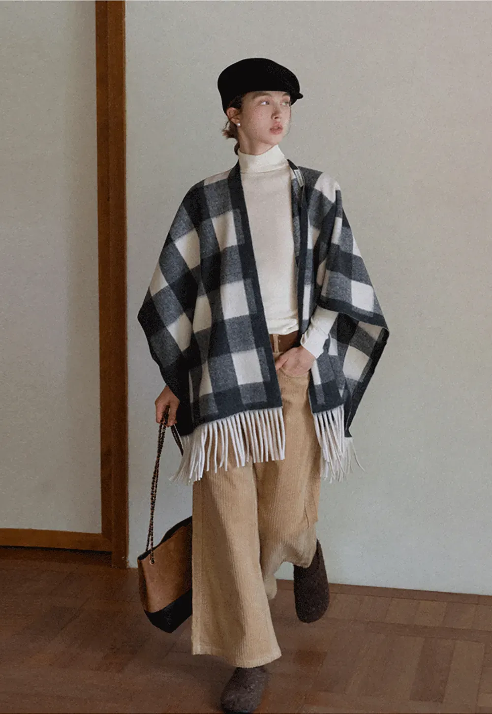 Checked Fringe Poncho