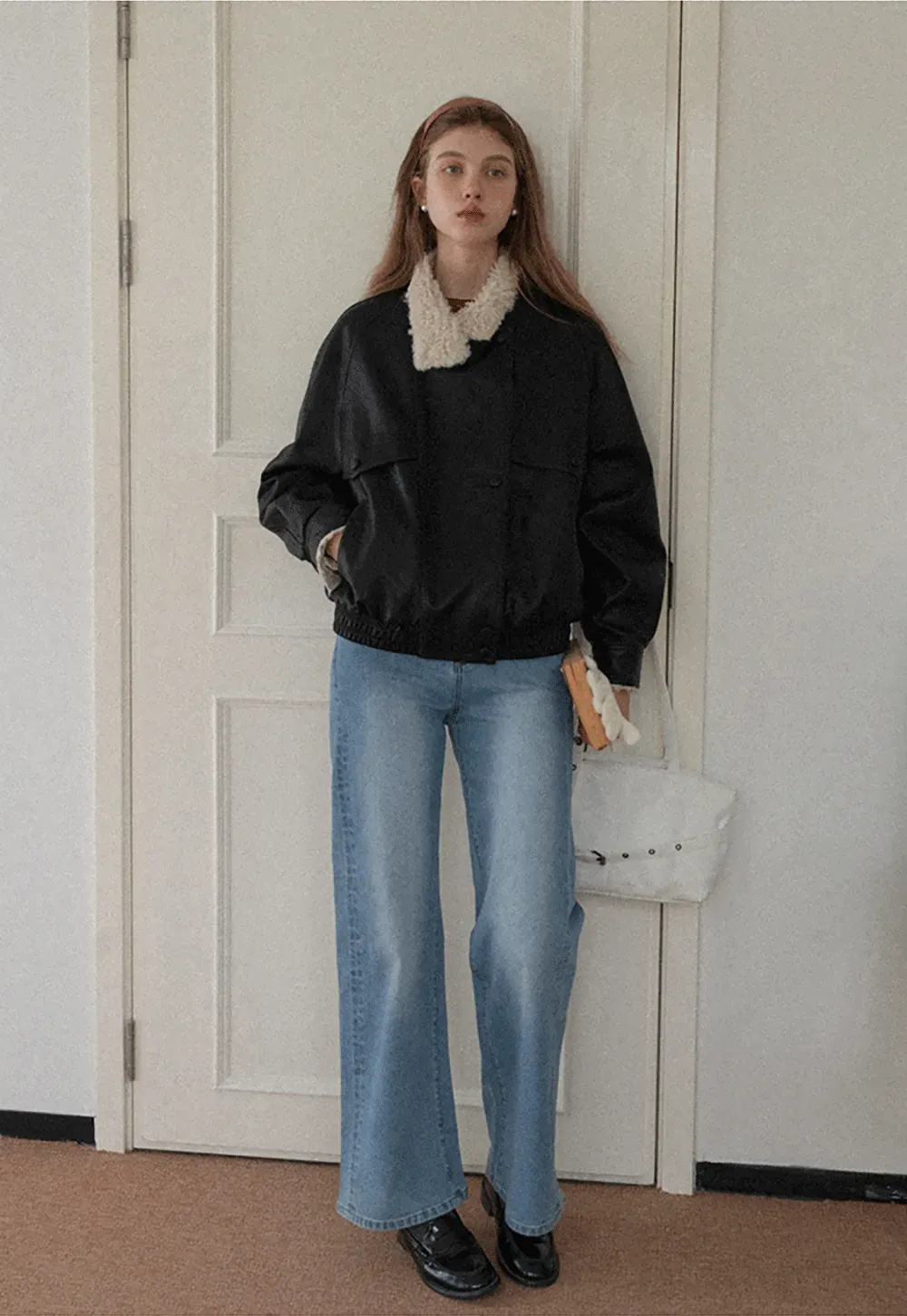 Faux Leather Jacket with Shearling Collar