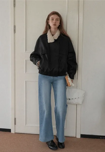 Faux Leather Jacket with Shearling Collar