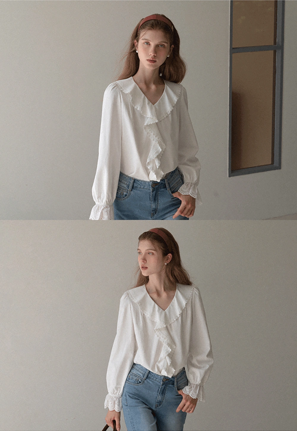 Women Ruffle Lace V Neck Long Sleeve Blouse