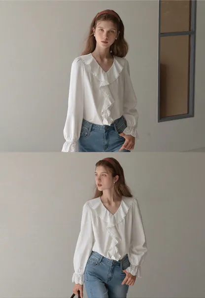 Women Ruffle Lace V Neck Long Sleeve Blouse