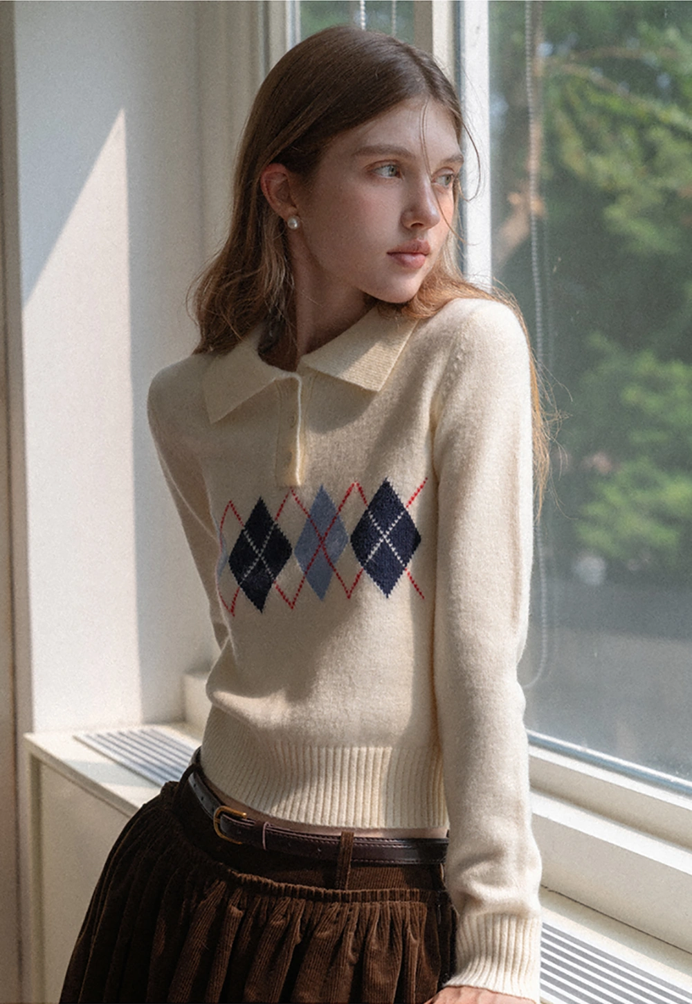 Women Argyle Knit Sweater Collared Long Sleeve Top