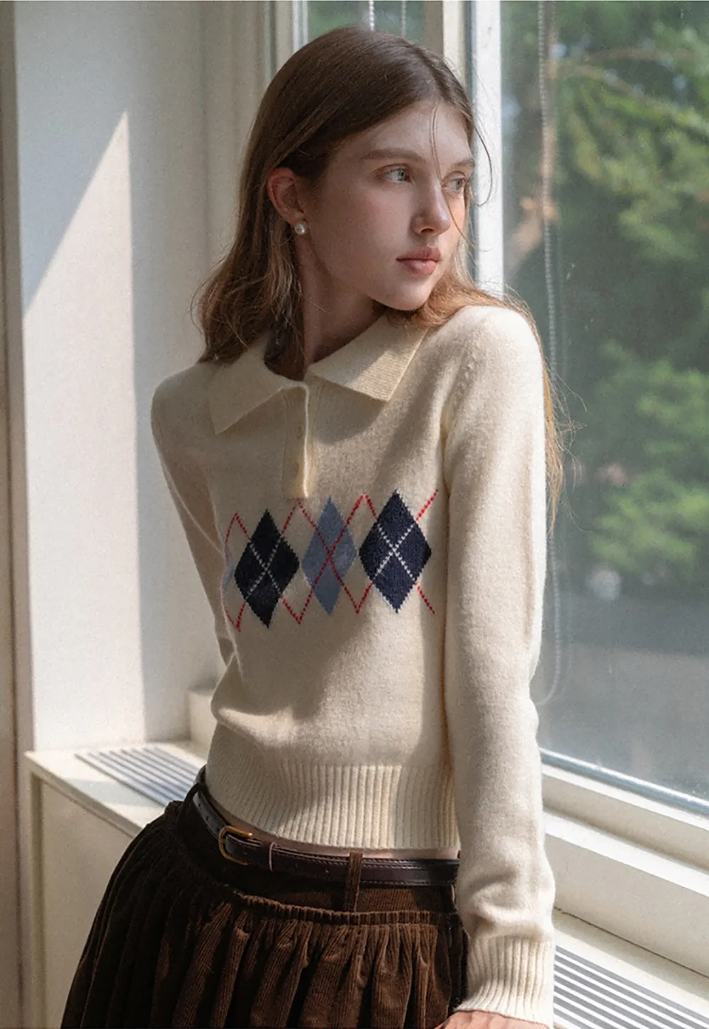 Women Argyle Knit Sweater Collared Long Sleeve Top