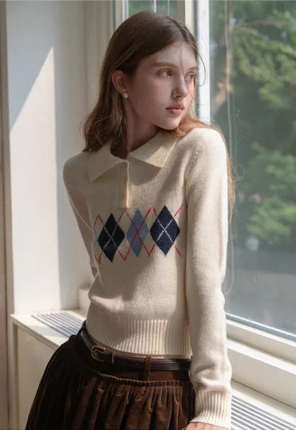 Women Argyle Knit Sweater Collared Long Sleeve Top