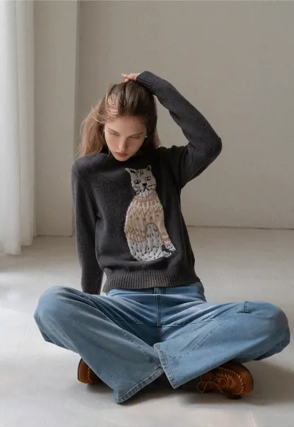 Women Cat Pattern Knit Sweater Cute Pullover Top