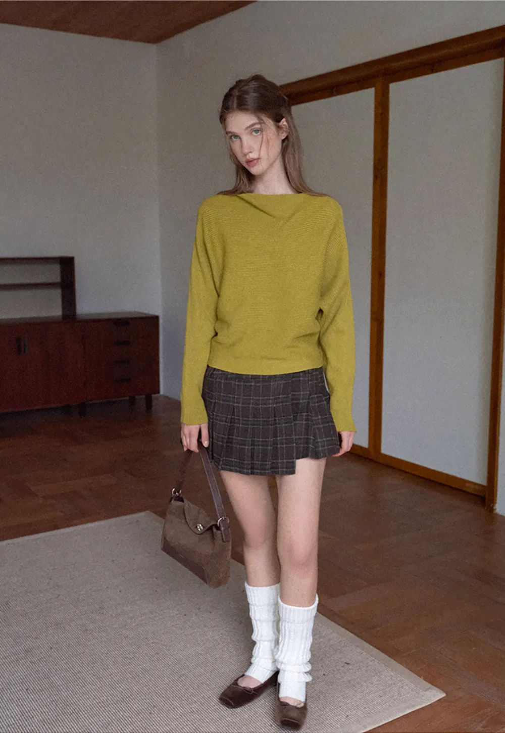 Ribbed Boat Neck Knit Sweater