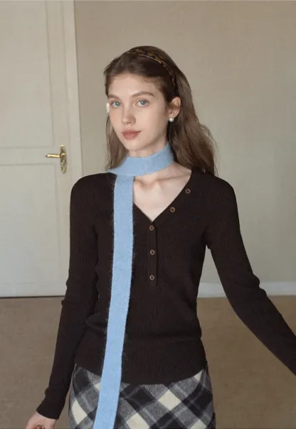 Womens Ribbed Long Sleeve V-Neck Button Top