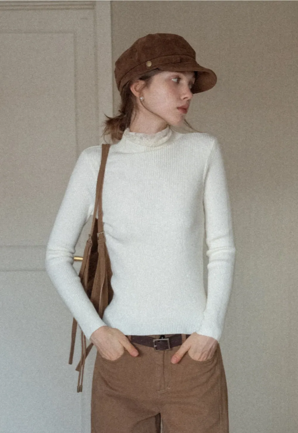 Womens Ribbed Mock Neck Top with Lace Buttons