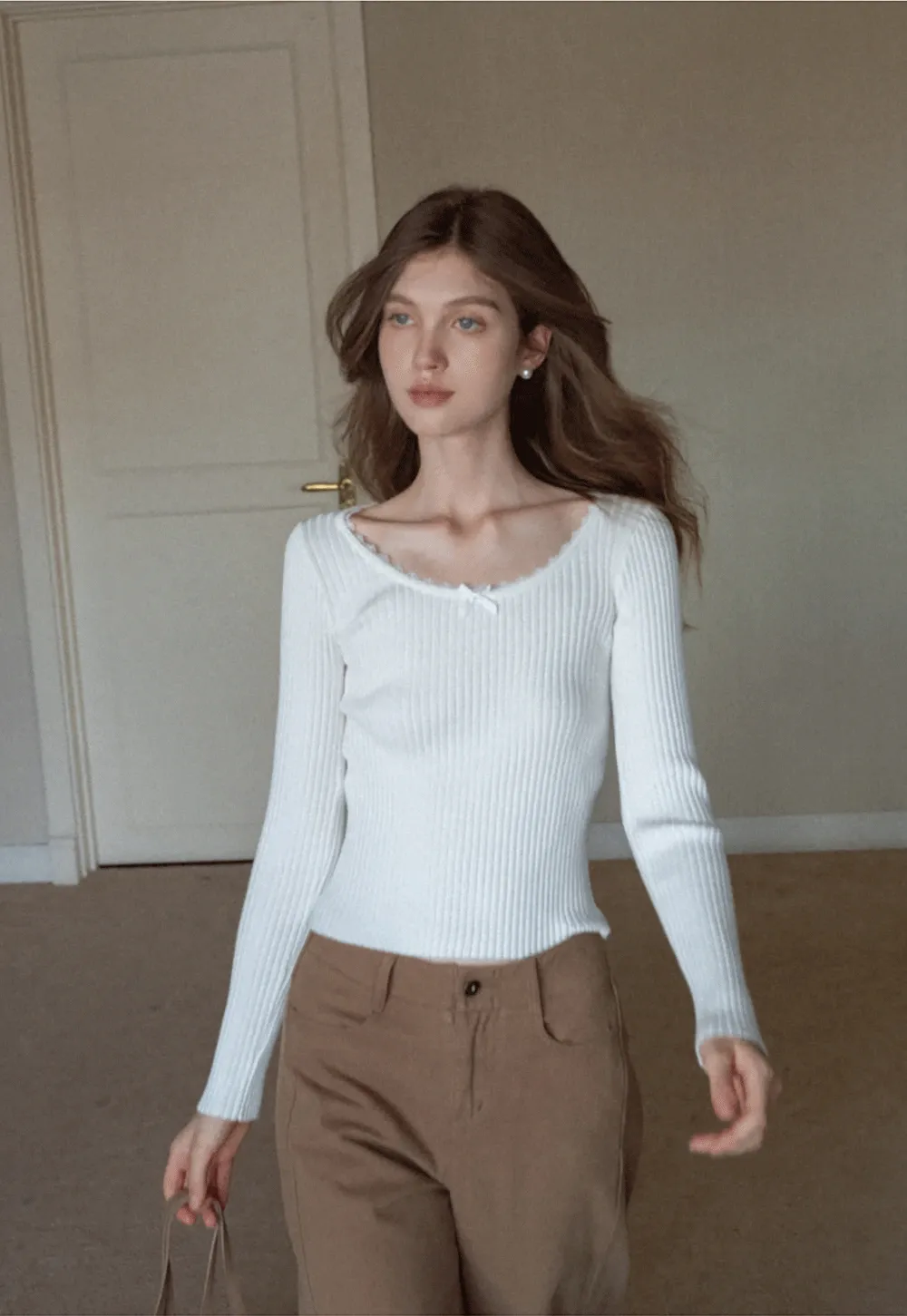 Womens Ribbed Long Sleeve Top with Bow Detail