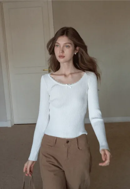 Womens Ribbed Long Sleeve Top with Bow Detail