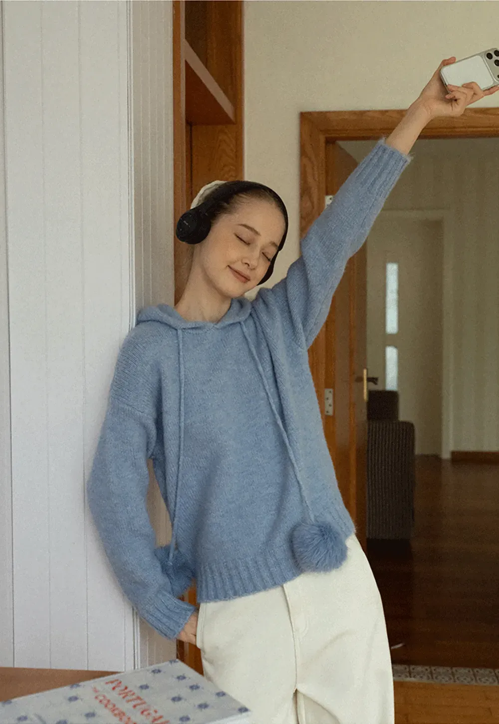 Pom-Pom Hooded Knit Sweater