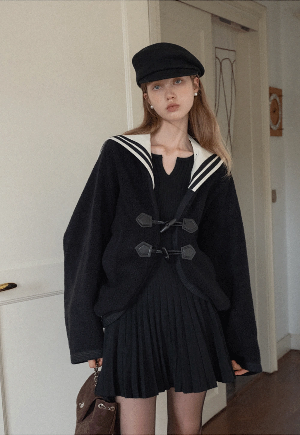 Stylish Black Woolen Coat with Sailor Collar