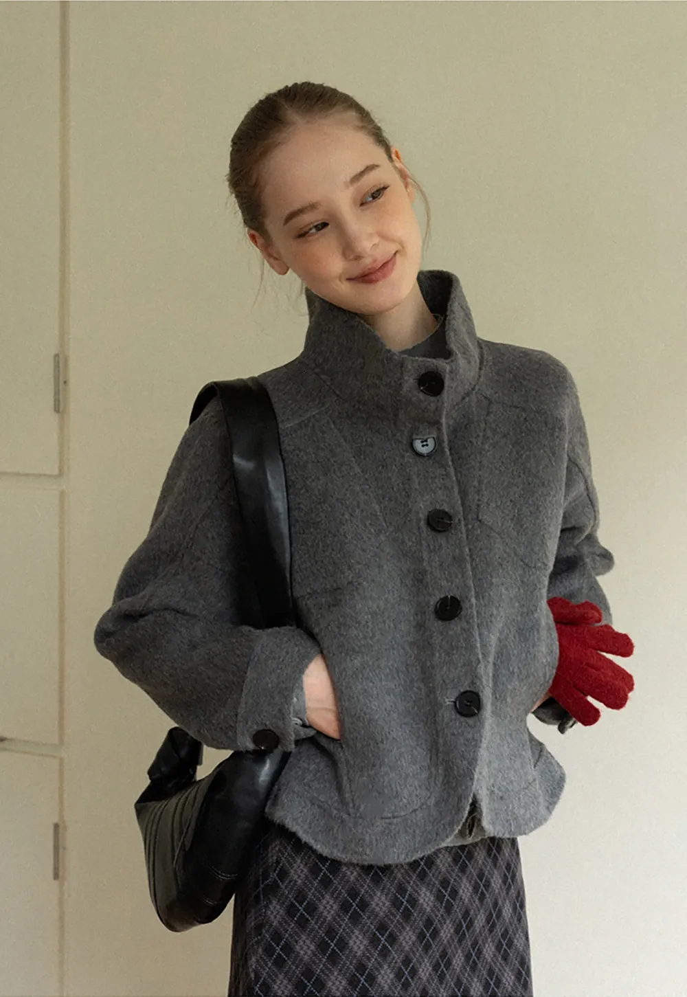 Stand Collar A-line Waist Cinching Cropped Double-Faced Coat