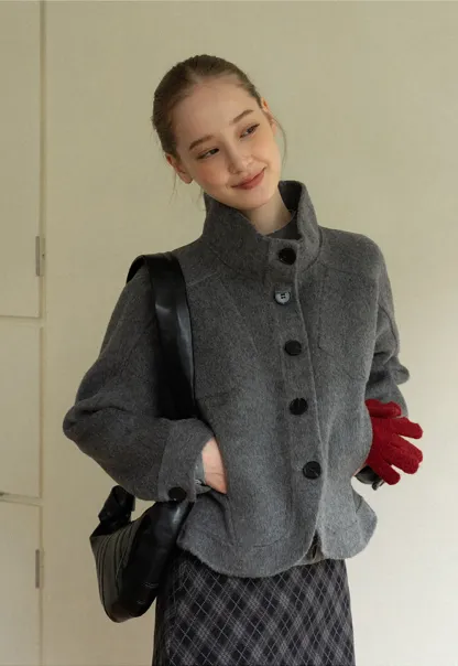 Stand Collar A-line Waist Cinching Cropped Double-Faced Coat