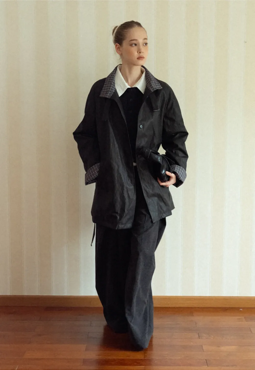 Stand Collar Mid-Length Coat with Plaid Splice and Belt
