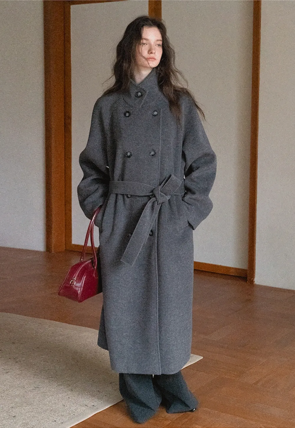 Women Classic Wool Coat with Button Details and Waist Belt