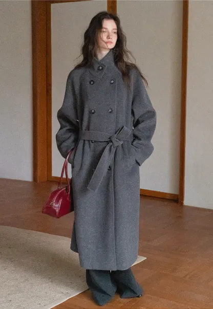 Women Classic Wool Coat with Button Details and Waist Belt