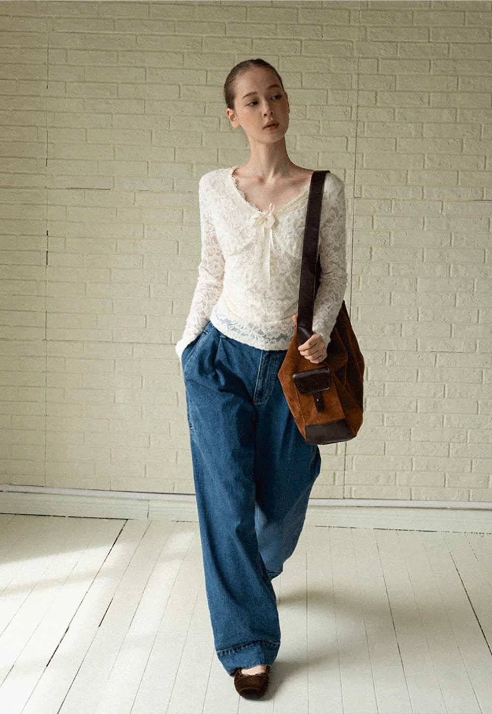 V-Neck Lace Jacquard Bow Top