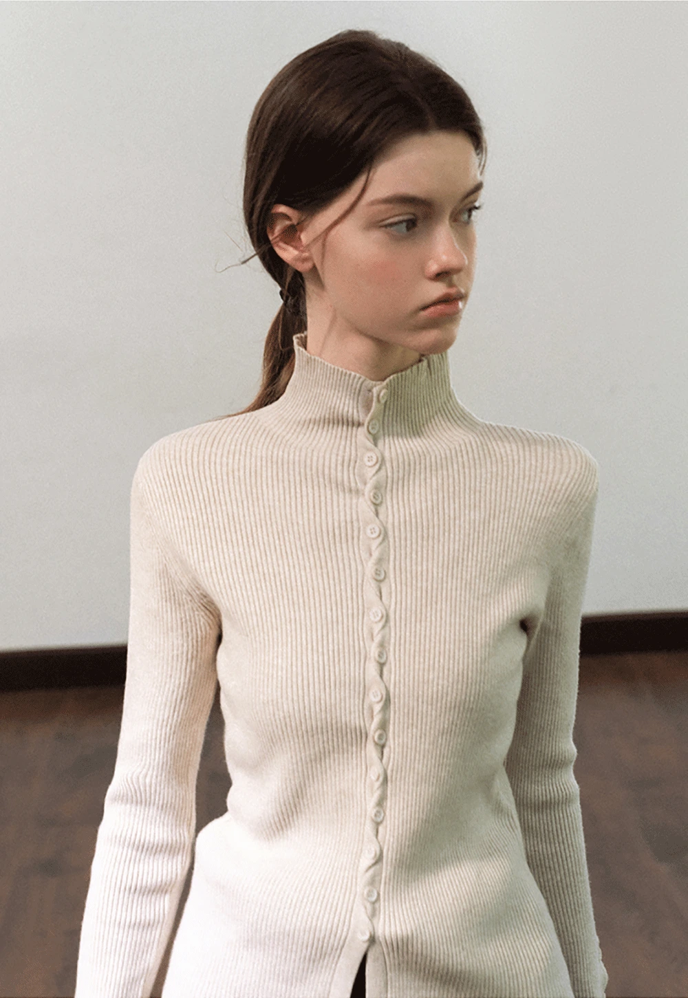 Stand-Collar Twist Button Knit Top