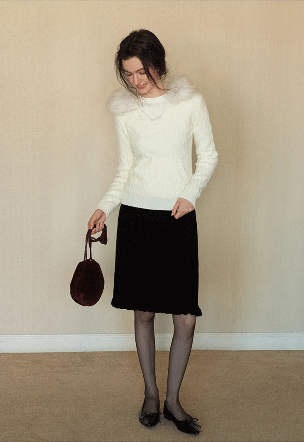 Faux Fur Collar Cable-Knit Sweater