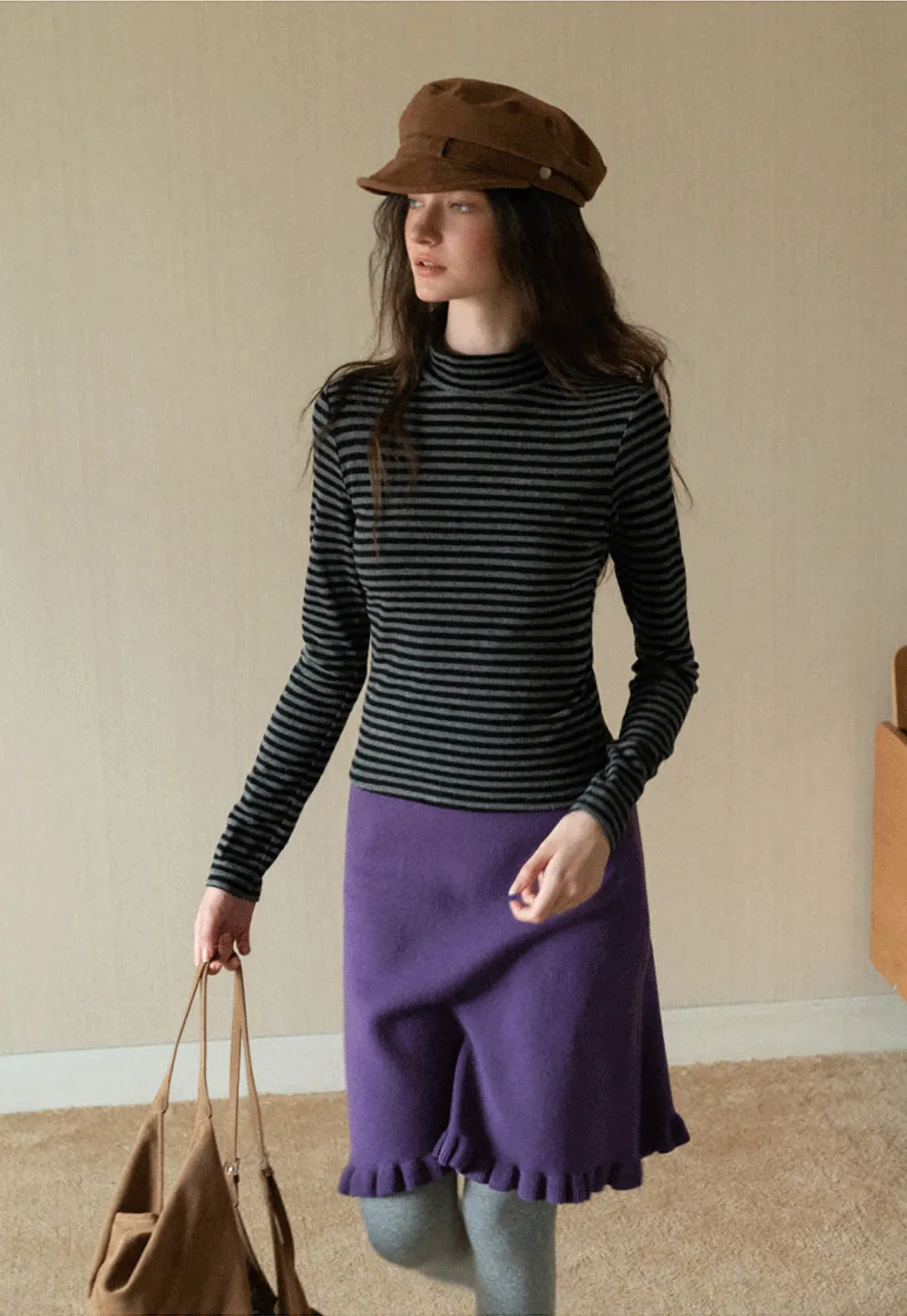 Striped Mock Neck Slim Long Sleeve Tee