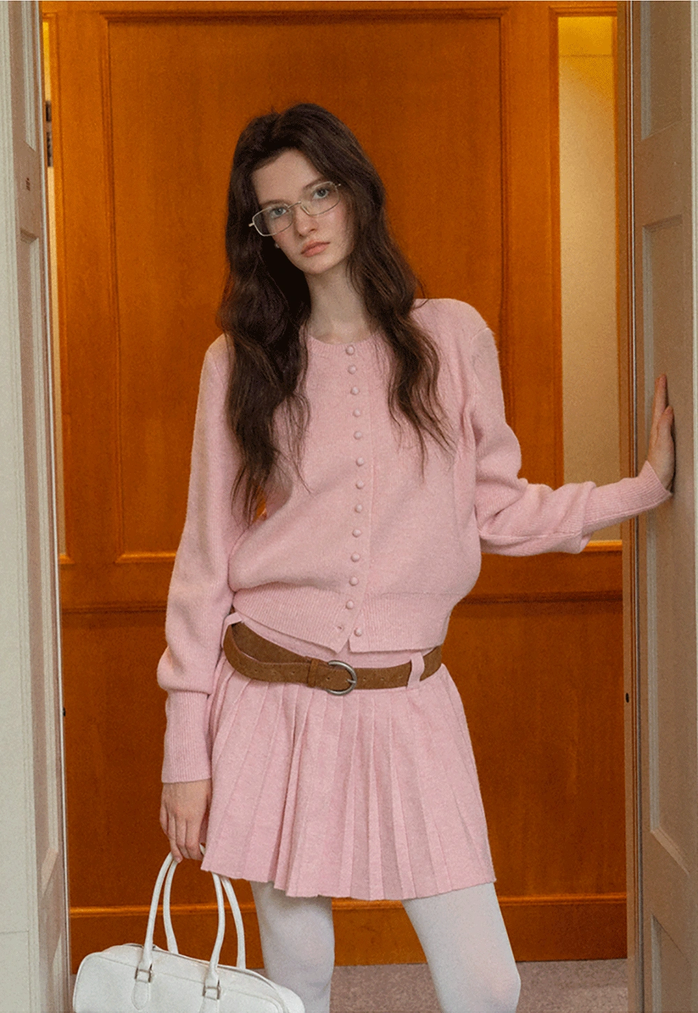 Elegant Pleated Skirt Dress with Knit Cardigan