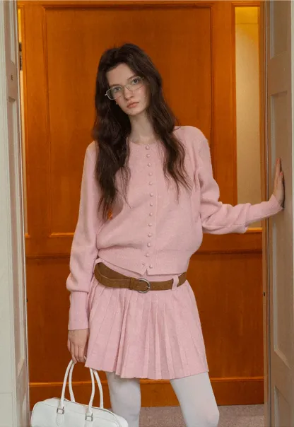 Elegant Pleated Skirt Dress with Knit Cardigan