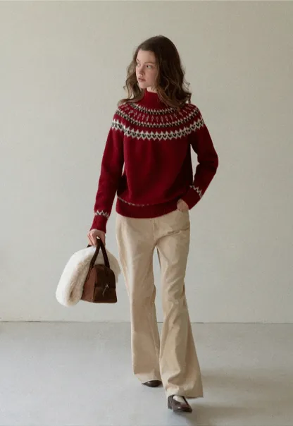 Red Knit Sweater with Fair Isle Pattern