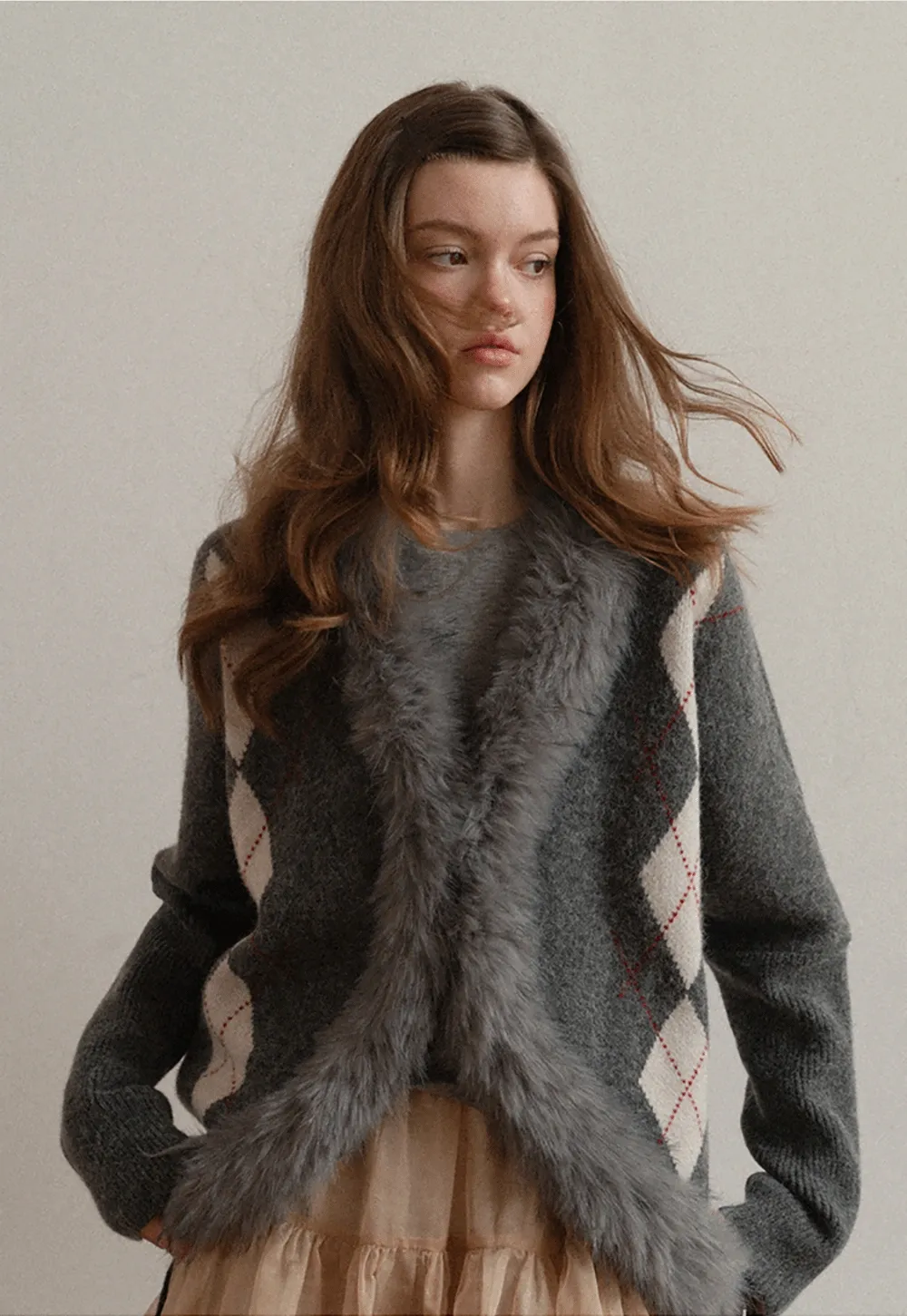 Patterned Sweater Cardigan with Fur Trim